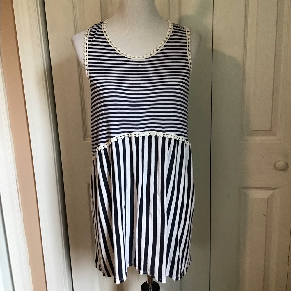 Navy White Striped Tunic Top Crochet Trim